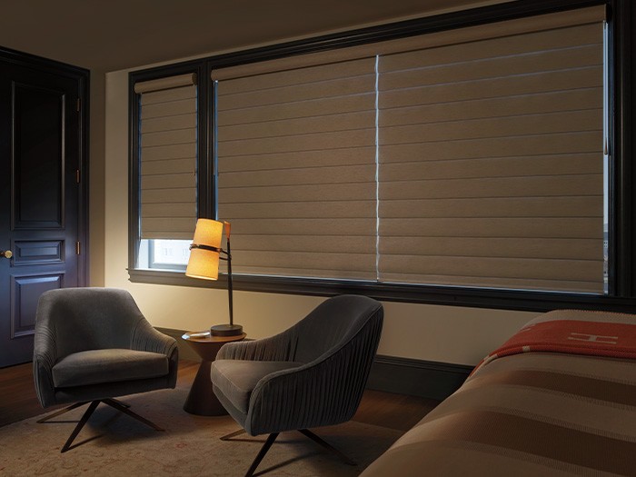 Dimly lit bedroom with accent furniture and large windows with shades.